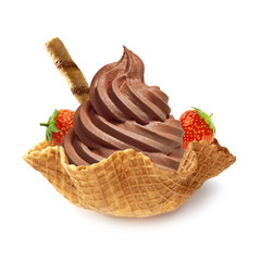 Chocolate frozen yogurt or soft ice cream in wafer stick and bowl isolated on white background