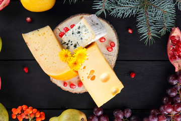 Various types of cheese and fruits on dark boards and Christmas tree branches. Swiss cheese, blue cheese, Dutch cheese for Christmas. Dairy products, lemon, grapes, pears, pomegranate, rowan berries