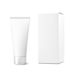 Realistic cosmetic tubes and box on white background. Can be used for cosmetic, medical, gels, creams, shampoo and pastes. Vector illustration. EPS10.