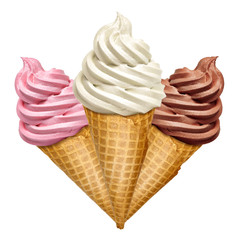 Strawberry, vanilla and chocolate soft ice creams or frozen yogurt in cone isolated on white...