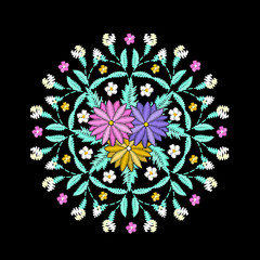 Round embroidered decorative composition. Needlework illustration. Daisy flower motive. EPS 10 vector embroidery fashion design template.