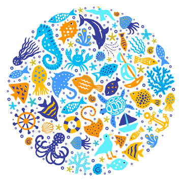 World of the sea paper cutout marine style kids design element set. Funny cartoon doodle background of fish, octopus, gull, shell, calmar, starfish, jellyfish, guitarfish. EPS 10 vector illustration 
