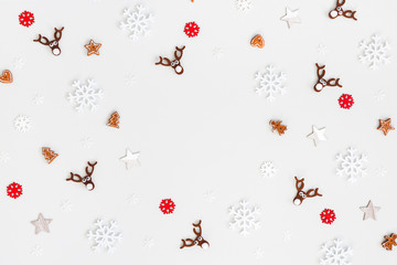 Christmas composition. Christmas decorations on pastel gray background. Flat lay, top view