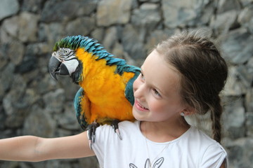 Cute little girl and parrot