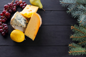 Various types of cheese and fruits on dark boards and Christmas tree branches. Swiss cheese, blue cheese, Dutch cheese for Christmas. Dairy products, lemon, grapes, pears. Top view