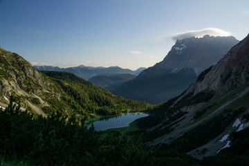 Mountain view with blue lake at sunrise
