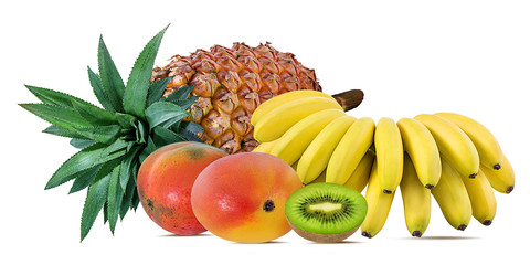 Pineapple, banana, kiwi and mango isolated on white background with clipping path