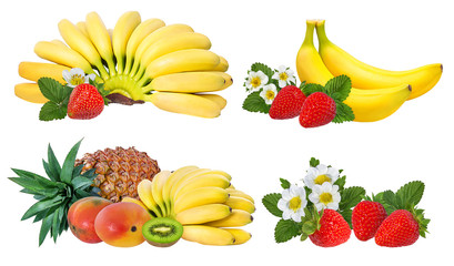 Pineapple, banana,strawberry,kiwi and mango isolated on white background with clipping path