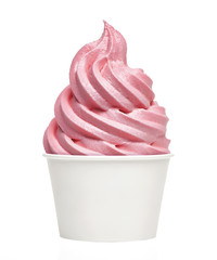Soft strawberry ice cream or frozen yogurt in white blank takeaway paper cup isolated on white...