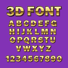 Vector Font 3D Gold. Gilded Typography. Alphabet and numbers.