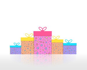 Christmas gift boxes decorated by stars and moons pattern. Present packages on glossy white background. Isolated objects. Decoration elements. Stickers. Vector illustration.