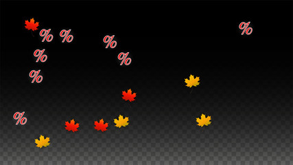 Vector Percentage Sign and Autumn Leaves Confetti on Transparent Background. Percent Sale Background. Business, Economics, Finance Print. Discount Illustration. Promotion poster. Black Friday Banner. 