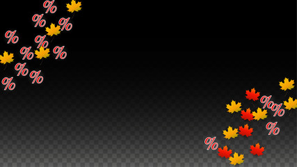 Vector Percentage Sign and Autumn Leaves Confetti on Transparent Background. Percent Sale Background. Business, Economics, Finance Print. Discount Illustration. Promotion poster. Black Friday Banner. 