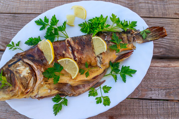 Baked carp fish with lemon and parsley on wooden table