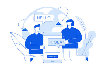 Vector flat line translation design concept of  big modern people, holding smartphone with word Hello in spanish. Trendy language courses, translation agency illustration with earth globe and leaves.