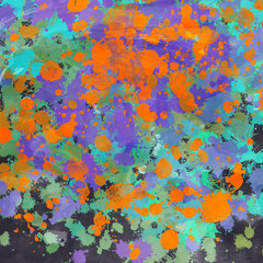 Colorful paint splatter texture on watercolor paper background. 