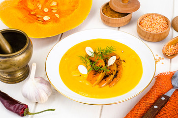 Healthy diet food. Cream soup with lentils and pumpkin