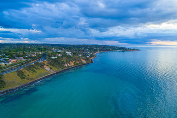 Aerial view of Oliver's Hill luxury real estate area on Mornington Peninsula at sunset