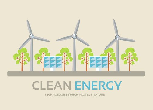 Ecology technology in flat design background concept. Eco clean energy around green tree for protect nature. Icons for your product or illustration, web and mobile applications.