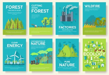 Ecology information cards set. Ecological template of flyear, magazines, posters, book cover, banners. Eco infographic concept background. Layout illustrations modern pages with typography text