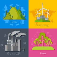 Naklejka premium Flat design of ecology, environment, green clean energy and pollution backgrounds. Vector concept illustration.
