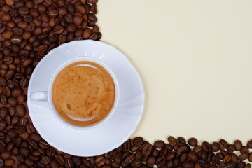 Cup of coffee on double-tone background.