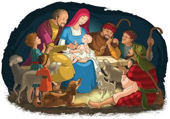 Christmas Nativity Scene with Holy Family (baby Jesus, Mary, Joseph) and shepherds