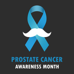 Blue ribbon vector illustration with white moustache symbol and black background for november prostate cancer awareness month and campaigns.