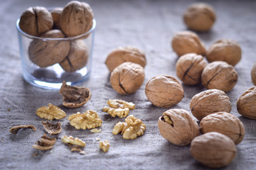 Walnuts on canvas. The shell of the nuts, nut core.