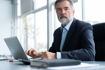 Senior businessman working on laptop computer in the office.