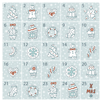 Christmas advent calendar. Hand Drawn Doodle Gingerbread. Xmas Cookies. Merry Christmas Vector Holiday card template