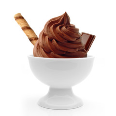 Soft chocolate ice cream in bowl isolated on white background