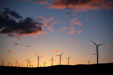 wind turbines at sunset