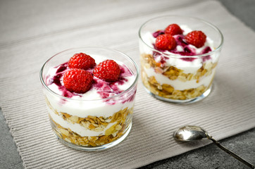 Muesli with yogurt and raspberries. Simple and healthy dessert. Healthy food and low calories.