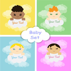 A set of four baby shower cards with children of different nationalities and clouds. Vector illustration.