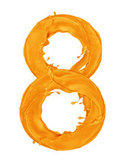 Number 8 made from splashes of orange paint on white