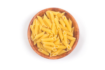 Pasta Penne in a wooden bowl