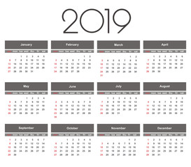 Calendar 2019 year. Simple Vector Template. Stationery Design Template. Calendar design in black and white colors, holidays in red colors. Isolated vector illustration on white background.