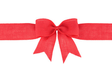 Red burlap ribbon bow isolated on white background