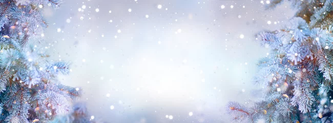 Fototapete Winter Weihnachtsbäume. Grenzschneehintergrund. Schneeflocken. Blaue Fichte, schönes Weihnachts- und Neujahrs-Weihnachtsbaum-Kunstdesign, abstrakter blauer Breitbildhintergrund