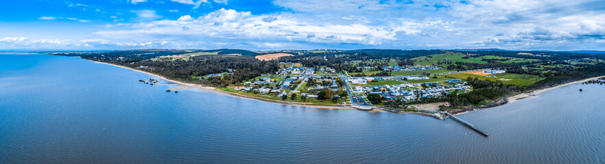 Wide aerial panorama of Grantville coastline and beautiful Australian countryside