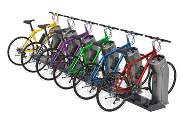 Bicycles with bike station. Bicycle rental concept, 3D rendering