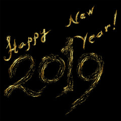 inscription of happy new year 2019 in gold on black background, brush
