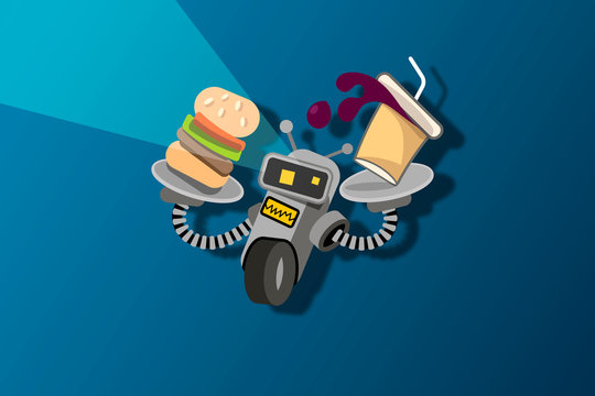 robot waiter with tray and food vector