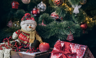 Christmas tree with decorations and snowman