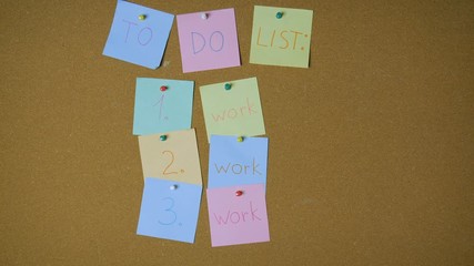 Hard working to do list. Hands pining sticky notes on pin board funny animation