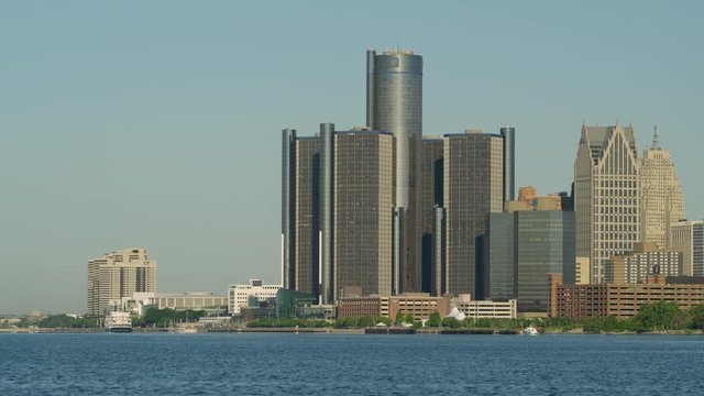 Medium Panning Shot of Downtown Detroit Cityscape 
