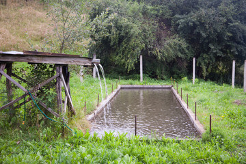 Big water pool for plants with small watterfall from a wooden structure in village.