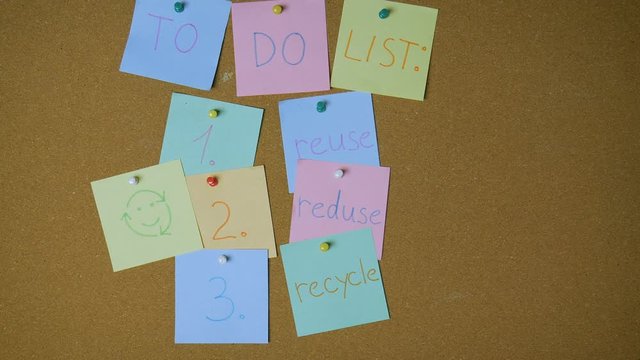 To do list for eco activity. Hands pining sticky notes on pin board funny animation