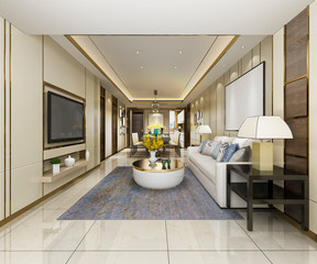 3d rendering modern dining room and living room with luxury decor